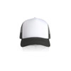 A two-tone trucker cap featuring a white front panel and a black peak with mesh sides.