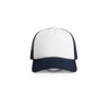 A two-tone trucker cap featuring a white front panel and navy mesh sides. It includes a logo on the front.