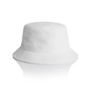 A white Terry bucket hat with a wide brim and a textured finish, featuring a logo.