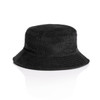 A black cord bucket hat with a soft, textured fabric and a wide brim. It features a logo on the side.