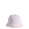 A lilac bucket hat with a wide brim and a textured finish, featuring a branding logo.