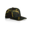 A camouflage cap in green and yellow hues with a structured design and a logo on the front.