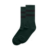 Two pairs of dark green socks featuring black stripes, with a logo on one sock.
