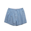 Light blue boxer shorts with fine white stripes, featuring an elastic waistband and a logo.