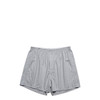 Striped grey boxer shorts with an elastic waistband and a front opening. The product features a logo.