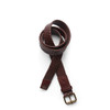 A braided leather belt in dark burgundy with a gold-tone buckle, featuring a textured design.