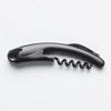 A black corkscrew with a lever design and spiral. It includes a keyring attachment.