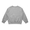A grey jumper with a crew neck and long sleeves, featuring a fitted waistband and a branding logo.