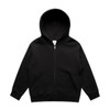 A black zip hoodie for kids with a hood and front pockets, featuring a logo on the label.