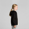 A black zip hoodie for kids displayed on a child, featuring a hood and a relaxed fit.