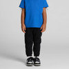 Kids' track pants in black, paired with a blue t-shirt and black sneakers, featuring an unknown logo.