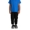 Track pants in black worn by a child, paired with a blue shirt and black shoes. The pants have elastic cuffs and a logo.