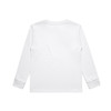 A long-sleeved white kids' T-shirt featuring a plain back and cuffs. It has a logo on the label.