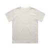 A light faded grey t-shirt with a simple design and a tag, featuring a logo on the label.