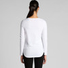 A woman is wearing a white long-sleeve t-shirt, showcasing a simple and sleek design from the back.