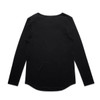 A black long-sleeve tee with a rounded neckline and a curved hem, featuring a logo.