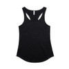 A black racerback singlet featuring a smooth fabric and a curved hem. It includes a logo on the design.