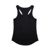 A black racerback singlet with a curved hem and a logo on the back.