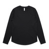 A black long-sleeve T-shirt with a round neck and a simple design. It has a logo on the label.