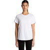 A white T-shirt with short sleeves, featuring a simple silhouette and a logo.