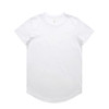 A white short-sleeve T-shirt featuring a curved hem and a brand logo. Basic and versatile design.