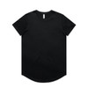 A black T-shirt with a round neckline and a curved hemline, featuring a branding logo.
