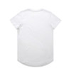 A plain white t-shirt with short sleeves and a rounded hem, featuring a logo on the back.