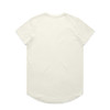 A plain cream T-shirt featuring a rounded hem and short sleeves, displaying a logo on the back.