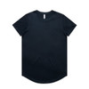 A black t-shirt with a curved hem and a tag in the collar, featuring a branding logo.