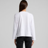 A white long-sleeve t-shirt with a simple design and a logo on the back, styled with black pants.