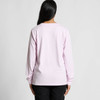 A long-sleeve t-shirt in light pink, featuring a logo and a relaxed fit from the back view.