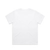 A plain white t-shirt with short sleeves, featuring a smooth, unembellished back. It has a small branding logo.