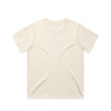 A cream-coloured t-shirt with short sleeves, featuring a plain design and a branding logo.