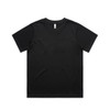 A black t-shirt with short sleeves and a round neck, featuring a logo on the inside label.