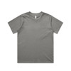 A grey T-shirt with a classic fit, featuring a simple design and a logo tag on the inside label.
