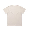 A plain beige t-shirt displayed from the back, featuring a simple design and a label on the inside.
