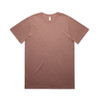 A brown heavy faded t-shirt with short sleeves and a crew neck. It features a logo on the label.