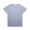 A pale blue t-shirt featuring a basic crew neckline and short sleeves, with a branding logo on the back.