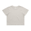 A light beige cropped T-shirt with short sleeves and a simple design. It features a logo on the label.