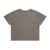 A cropped, faded t-shirt in olive green with a simple, unadorned back. It features a branding logo.