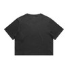 A cropped black t-shirt with short sleeves and a simple design, featuring a logo on the back.