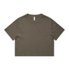 An olive green heavy faded crop tee with a round neckline and short sleeves, featuring a logo.
