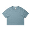 A cropped t-shirt in a faded blue colour with a round neckline and short sleeves. It features a brand logo on the label.