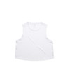 A white crop tank top with a round neckline and sleeveless design. Features a logo on the label.