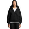 A black half zip hoodie with a front pocket and a hood, featuring a logo on the chest.