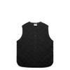 A black quilted vest featuring a button closure and side pockets, with a branding logo.