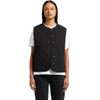 A black quilted vest with a button front, featuring a round neckline and a logo. Worn over a white T-shirt.