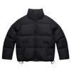 A black puffer jacket with a high collar and drawstring hem. It features a zip front and has a logo.