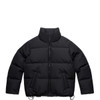 A black puffer jacket with a high collar and drawstring hem. It features a front zipper and has a logo.