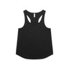 A black racerback tank top with a rounded hem and a logo on the back.